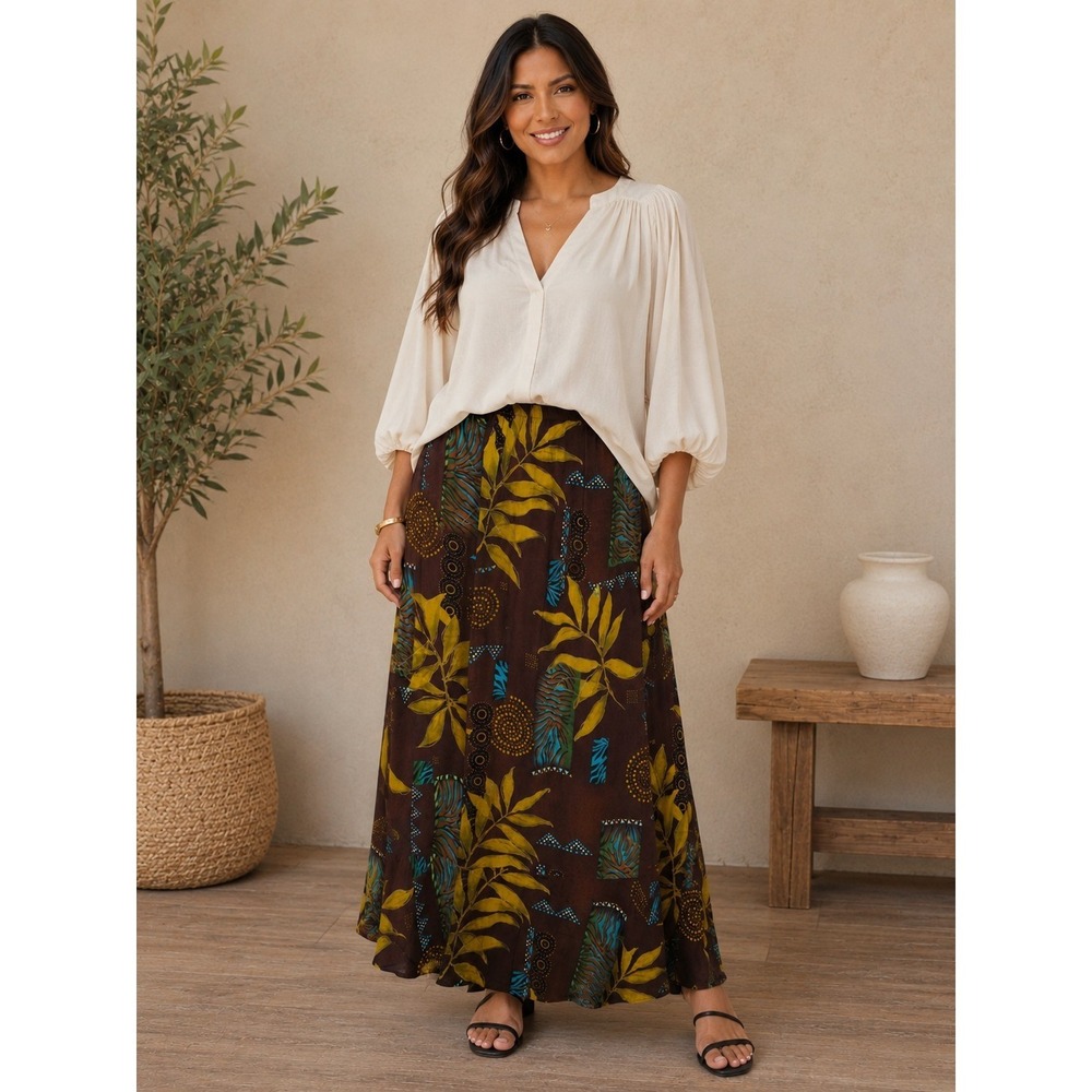 Womens‎ Abstract Tiered Rayon Maxi Skirt Sz 1X Boho Artsy Resort Summer Modest